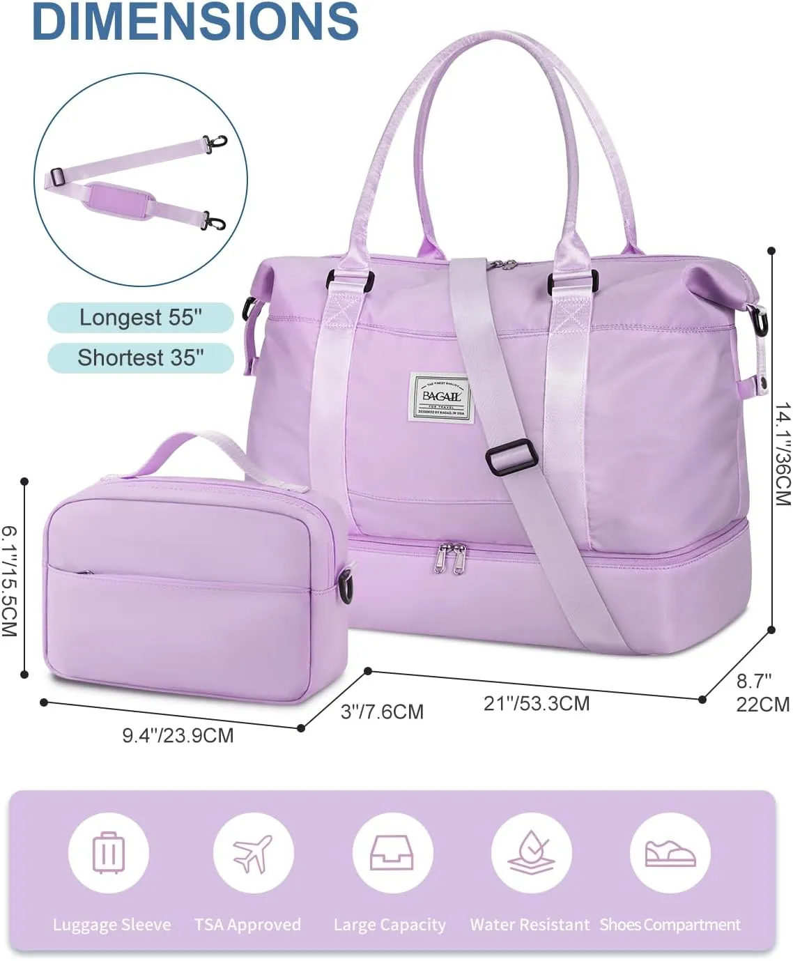 BAGAIL Travel Duffel Bag, Weekender Bags for Women, Overnight Gym Carry On Tote Bag with Wet Pocket, Hospital Mom Bag for Labor and Delivery - Extra Large Set, Purple