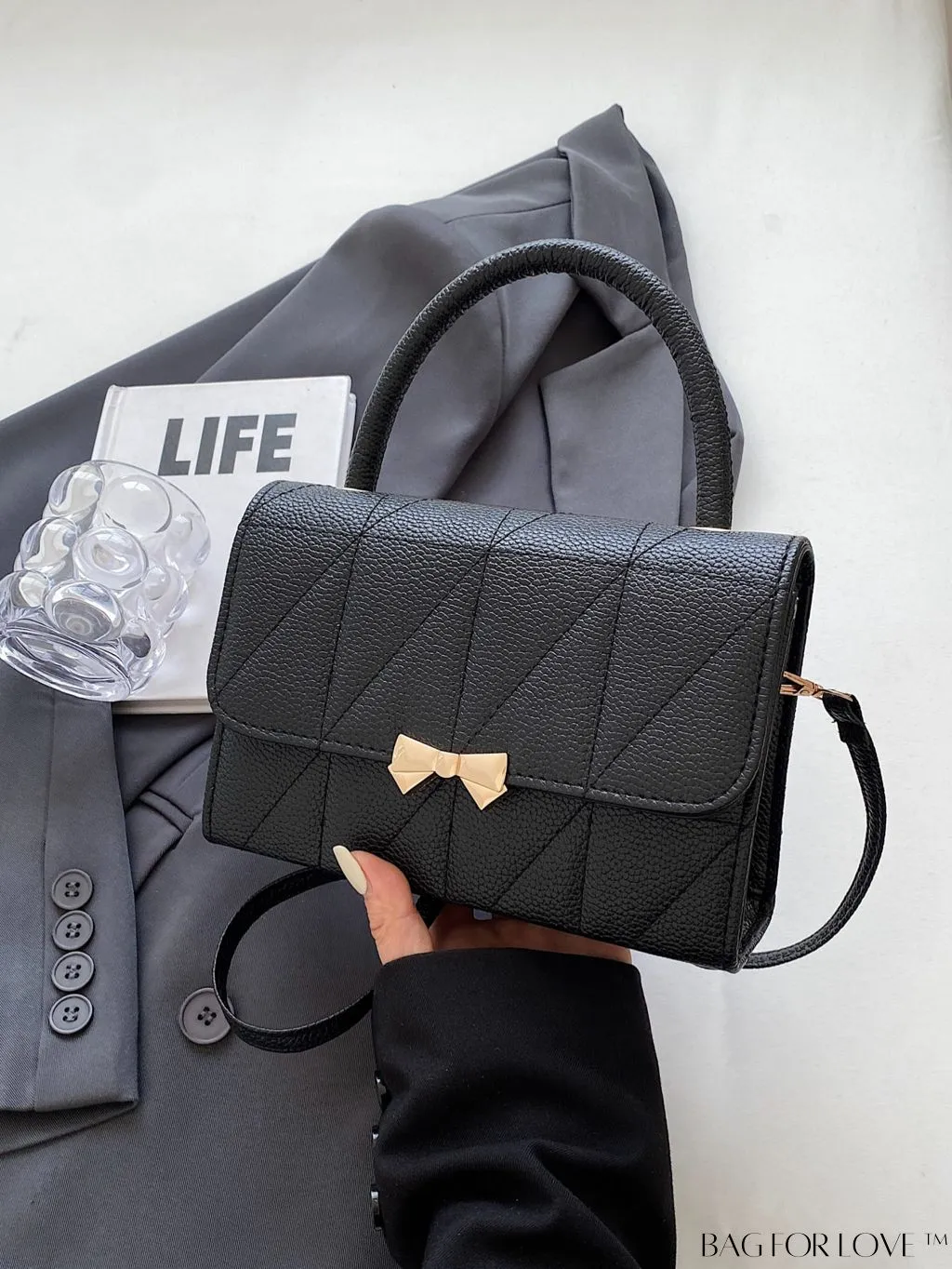BagForLove - Chic Bow-Accented Flap Handbag with Adjustable Shoulder Strap