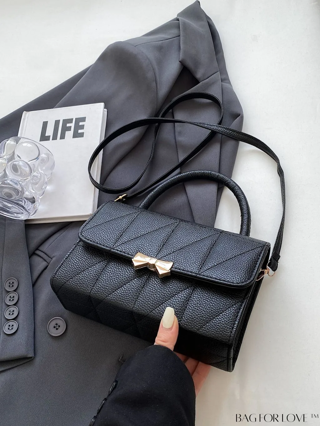 BagForLove - Chic Bow-Accented Flap Handbag with Adjustable Shoulder Strap