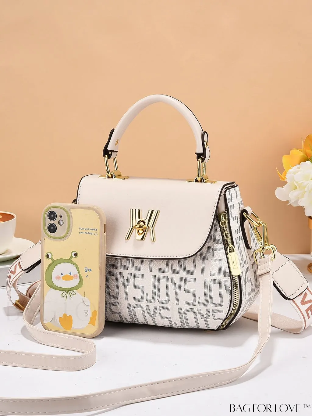 BagForLove - Chic Flap Top Handle Bag with Letter Pattern - Square Design