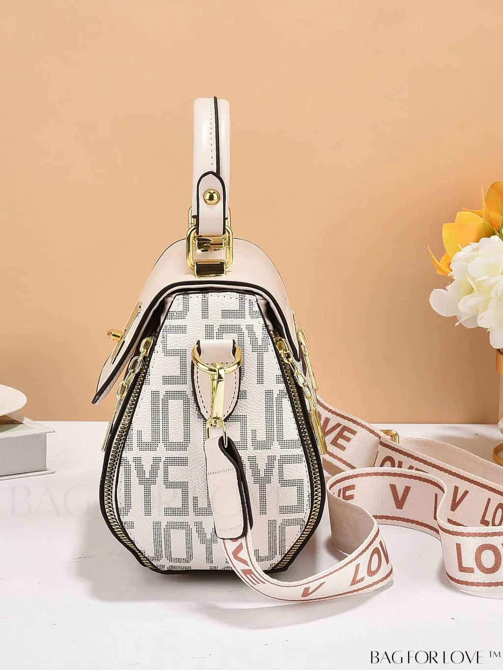 BagForLove - Chic Flap Top Handle Bag with Letter Pattern - Square Design
