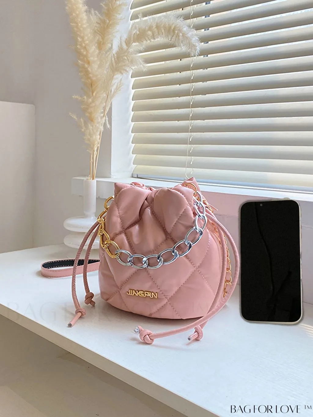 BagForLove - Stylish Patchwork Metallic Shoulder Bag with Letter Patch and Drawstring Design