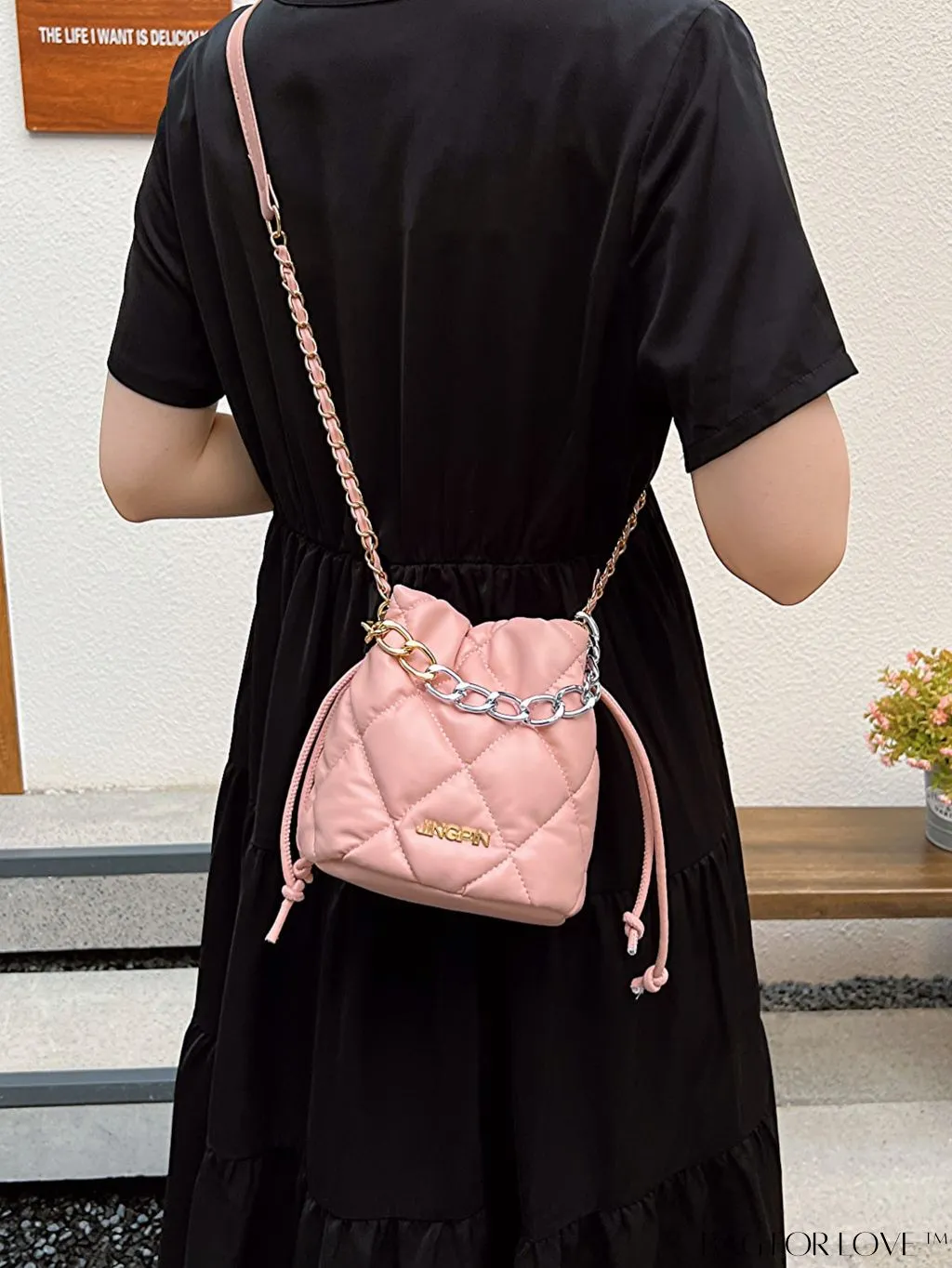 BagForLove - Stylish Patchwork Metallic Shoulder Bag with Letter Patch and Drawstring Design
