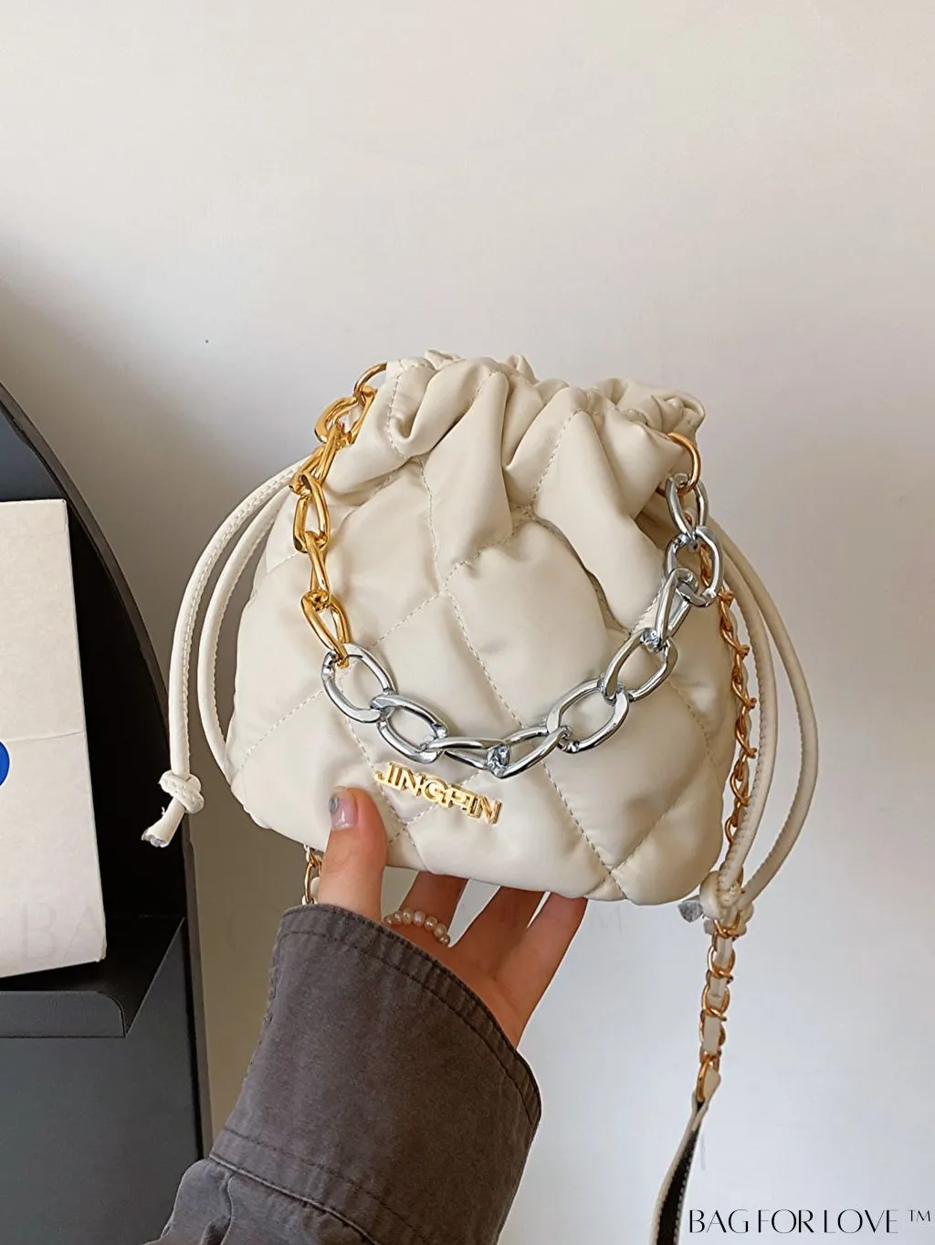 BagForLove - Stylish Patchwork Metallic Shoulder Bag with Letter Patch and Drawstring Design