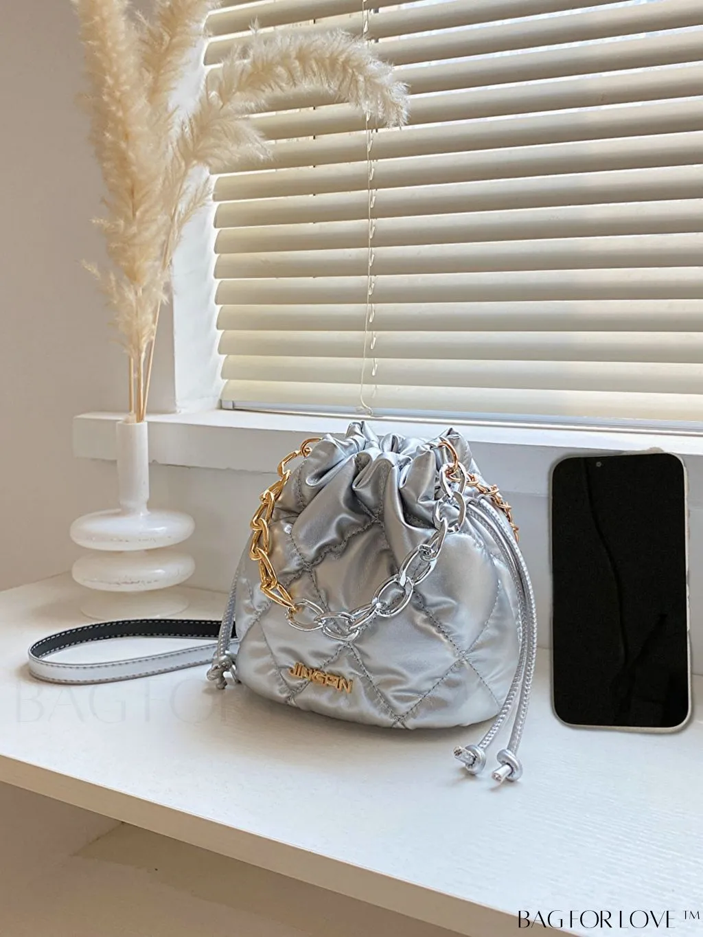 BagForLove - Stylish Patchwork Metallic Shoulder Bag with Letter Patch and Drawstring Design