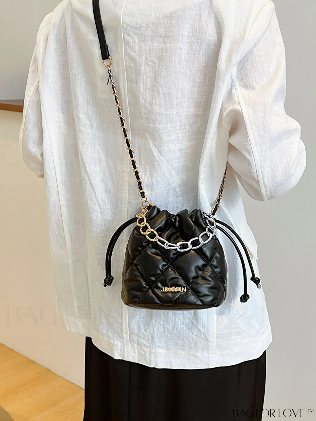 BagForLove - Stylish Patchwork Metallic Shoulder Bag with Letter Patch and Drawstring Design