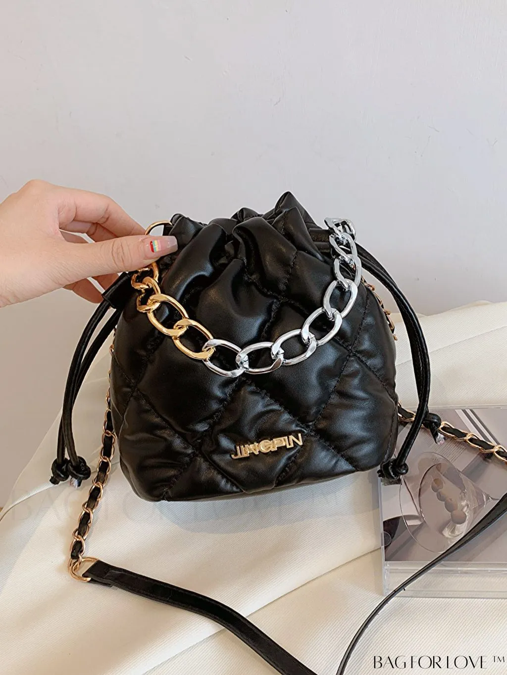 BagForLove - Stylish Patchwork Metallic Shoulder Bag with Letter Patch and Drawstring Design