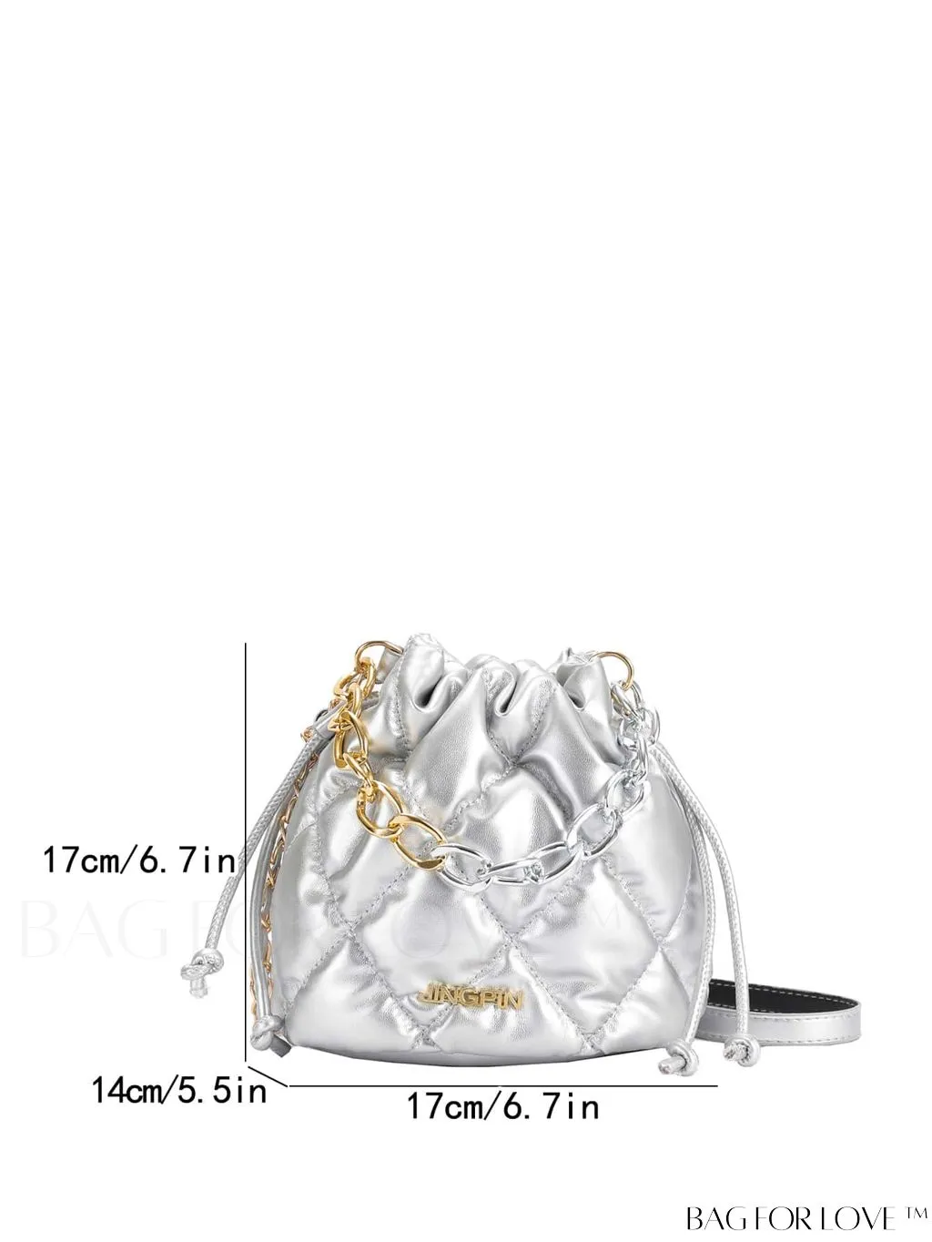 BagForLove - Stylish Patchwork Metallic Shoulder Bag with Letter Patch and Drawstring Design