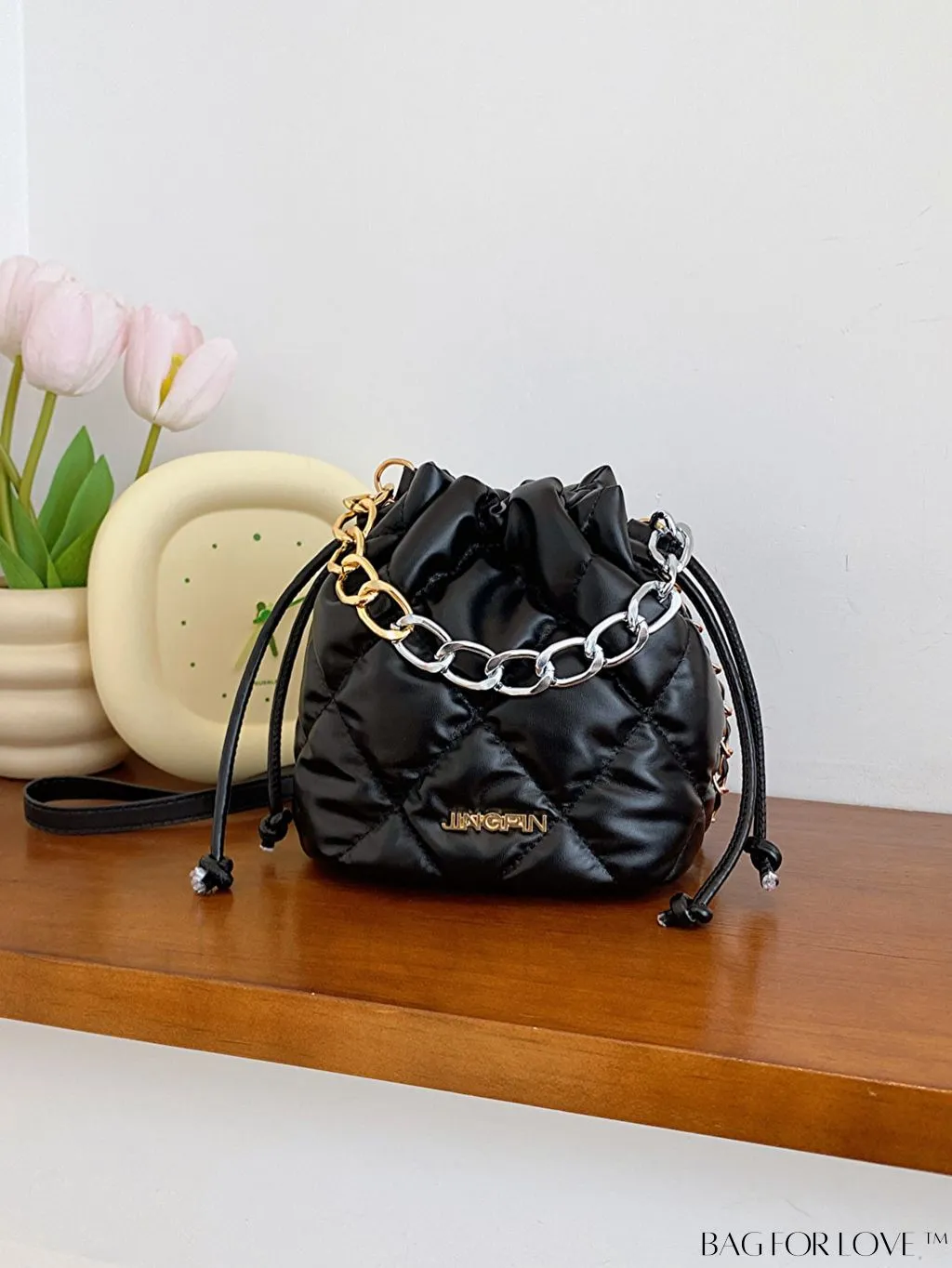 BagForLove - Stylish Patchwork Metallic Shoulder Bag with Letter Patch and Drawstring Design