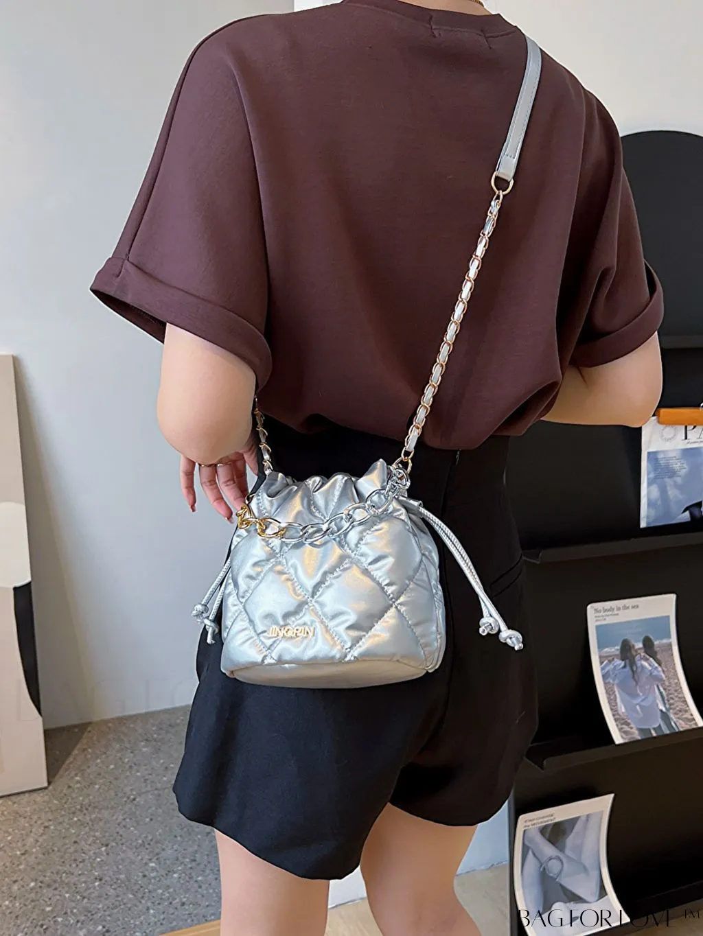 BagForLove - Stylish Patchwork Metallic Shoulder Bag with Letter Patch and Drawstring Design