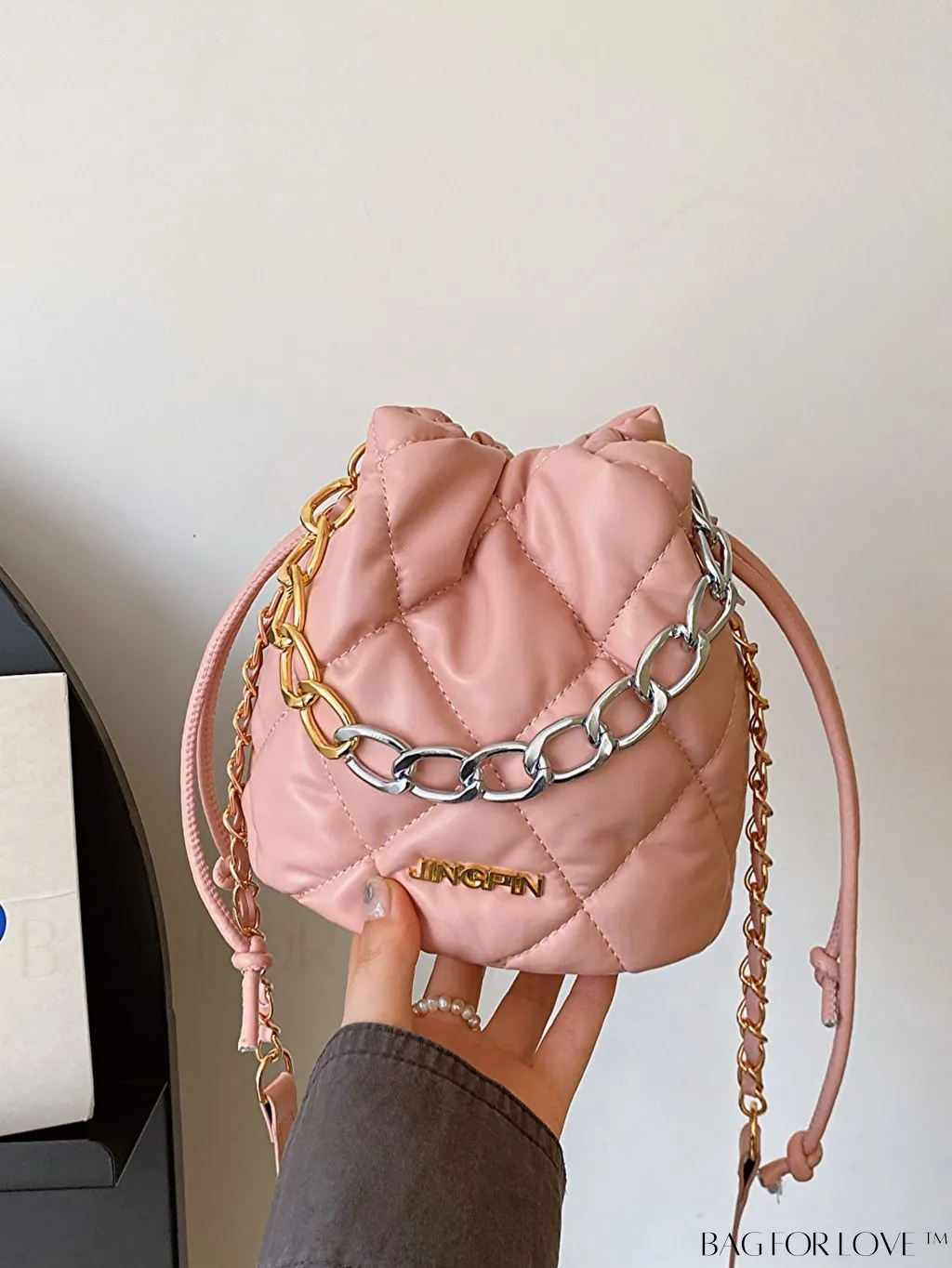 BagForLove - Stylish Patchwork Metallic Shoulder Bag with Letter Patch and Drawstring Design