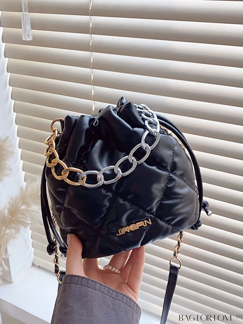 BagForLove - Stylish Patchwork Metallic Shoulder Bag with Letter Patch and Drawstring Design