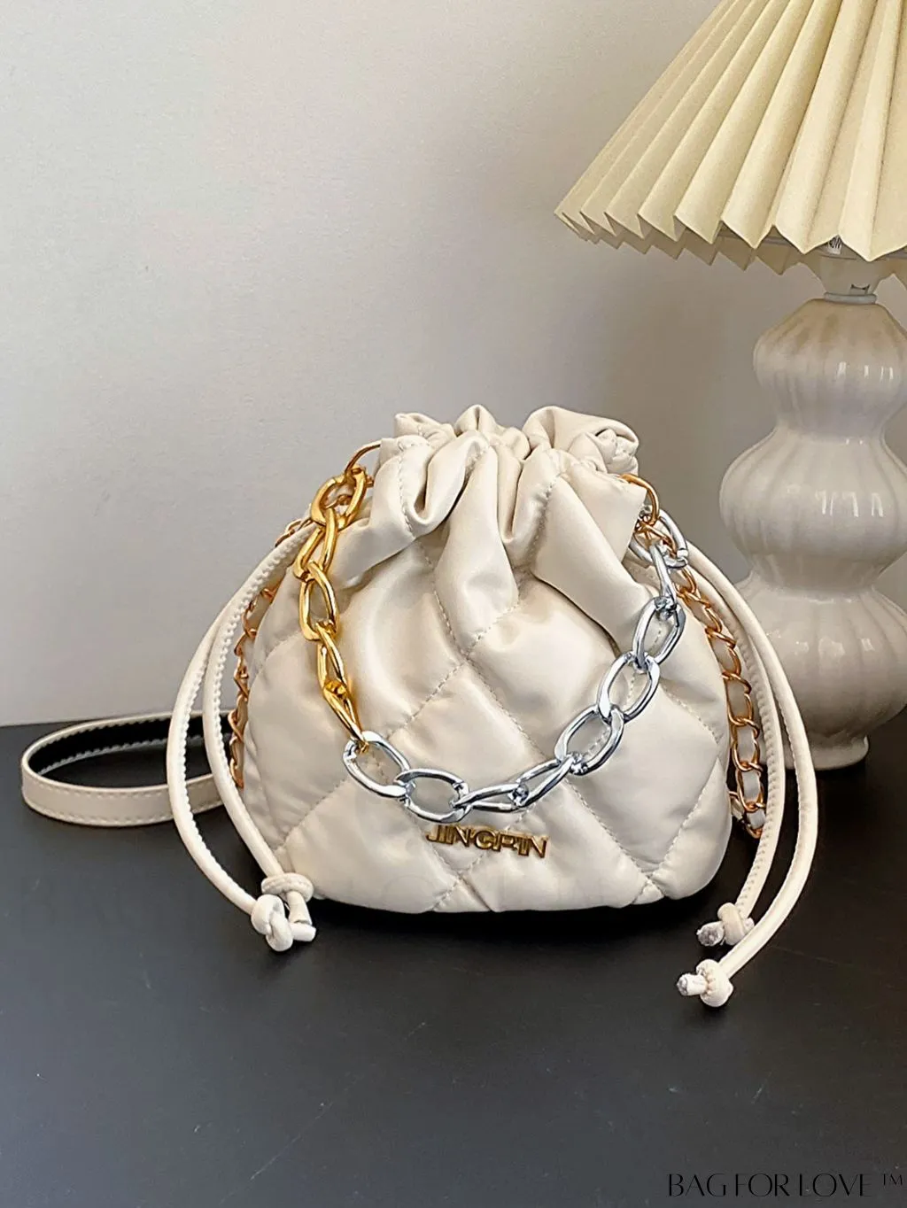 BagForLove - Stylish Patchwork Metallic Shoulder Bag with Letter Patch and Drawstring Design