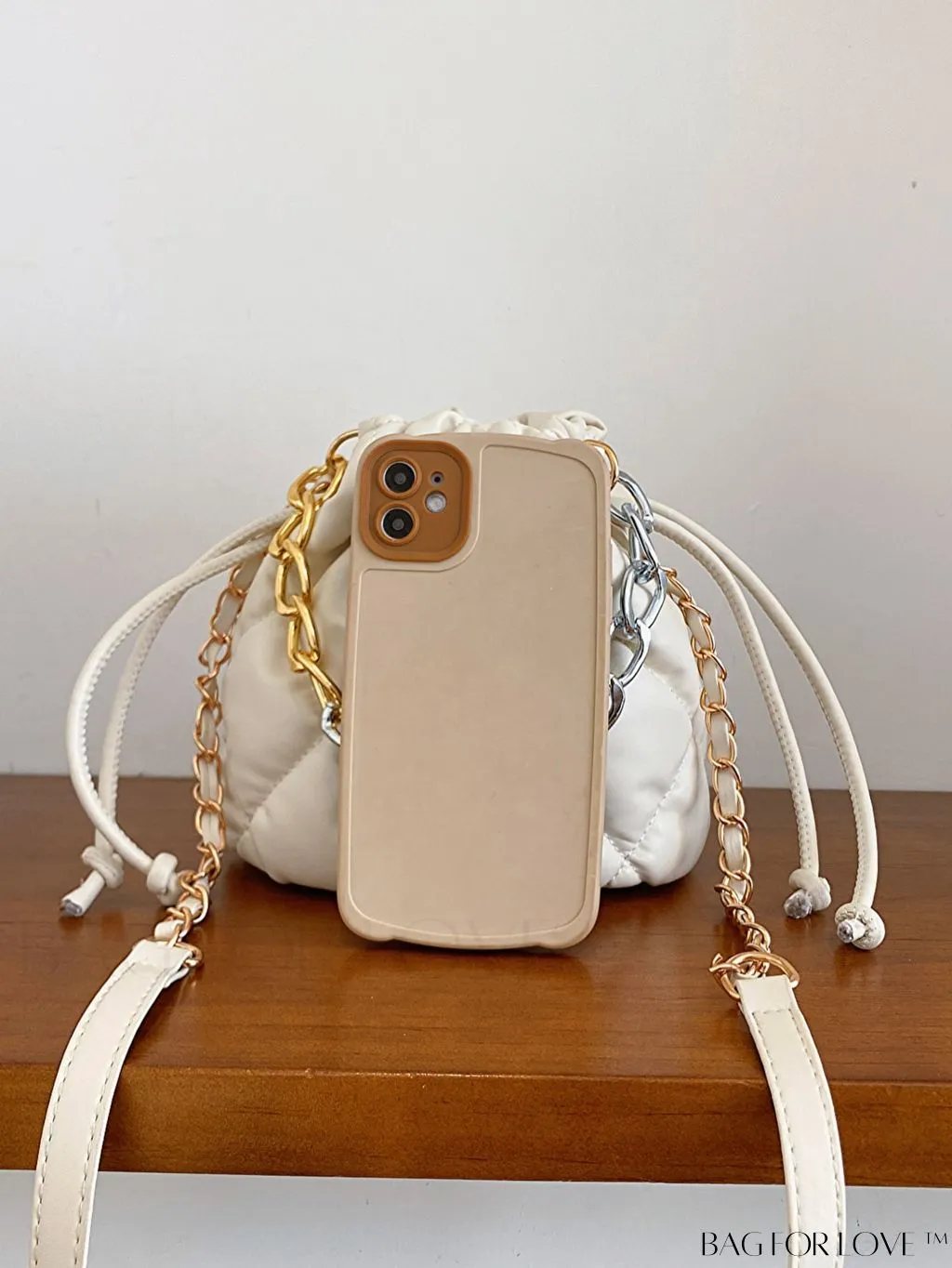 BagForLove - Stylish Patchwork Metallic Shoulder Bag with Letter Patch and Drawstring Design