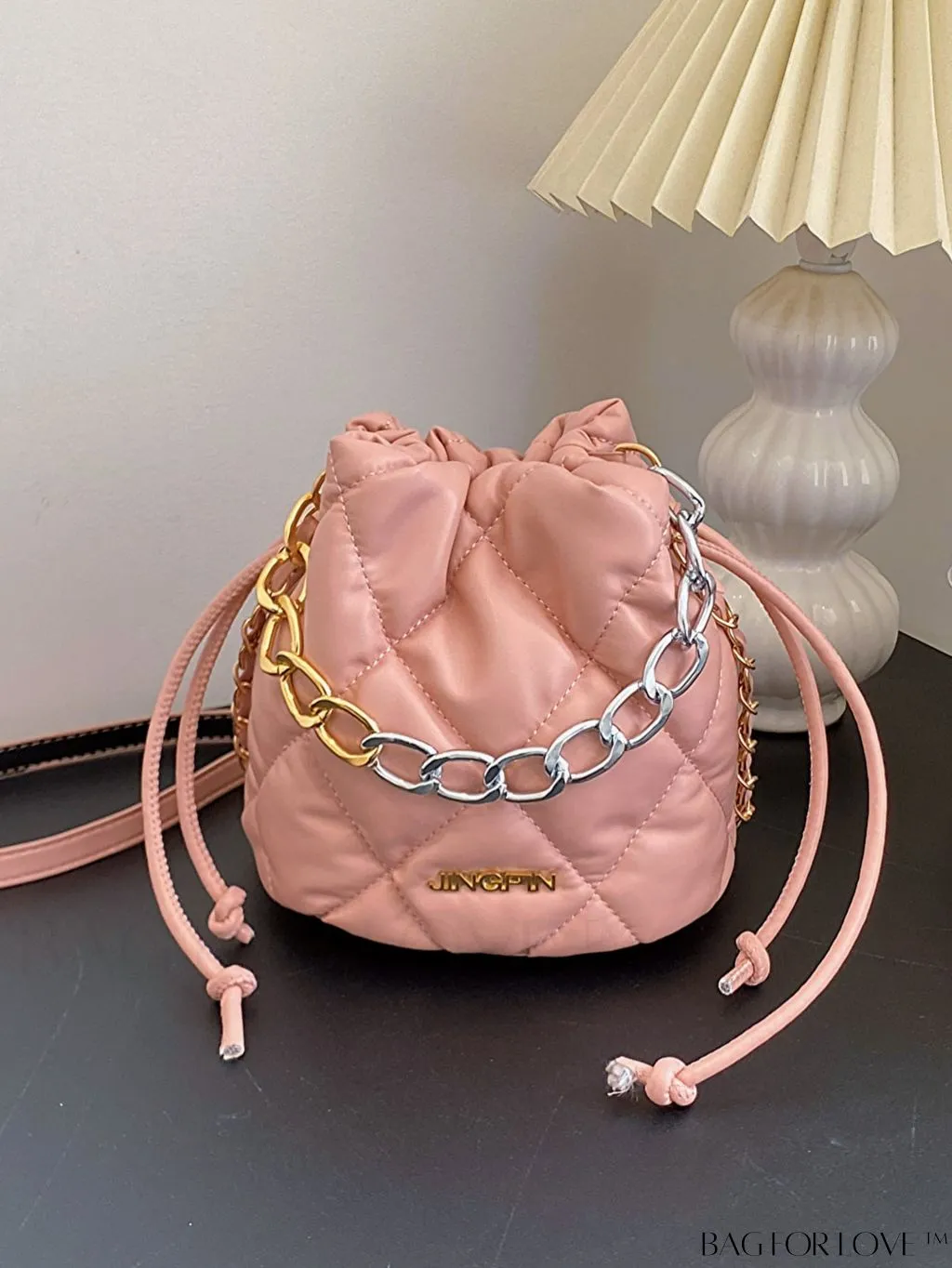 BagForLove - Stylish Patchwork Metallic Shoulder Bag with Letter Patch and Drawstring Design