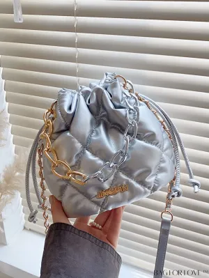 BagForLove - Stylish Patchwork Metallic Shoulder Bag with Letter Patch and Drawstring Design