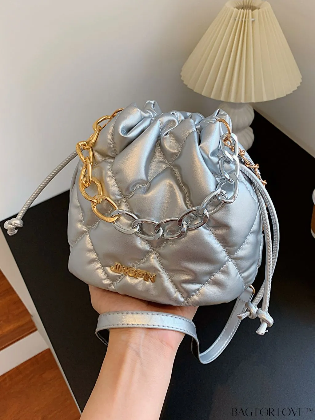 BagForLove - Stylish Patchwork Metallic Shoulder Bag with Letter Patch and Drawstring Design