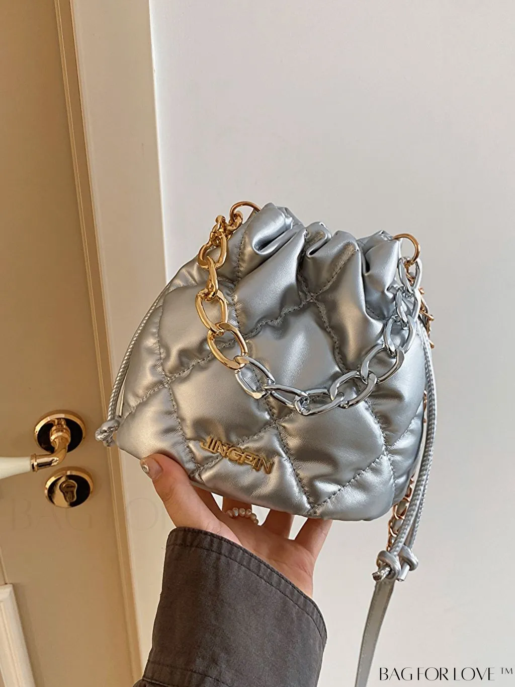 BagForLove - Stylish Patchwork Metallic Shoulder Bag with Letter Patch and Drawstring Design