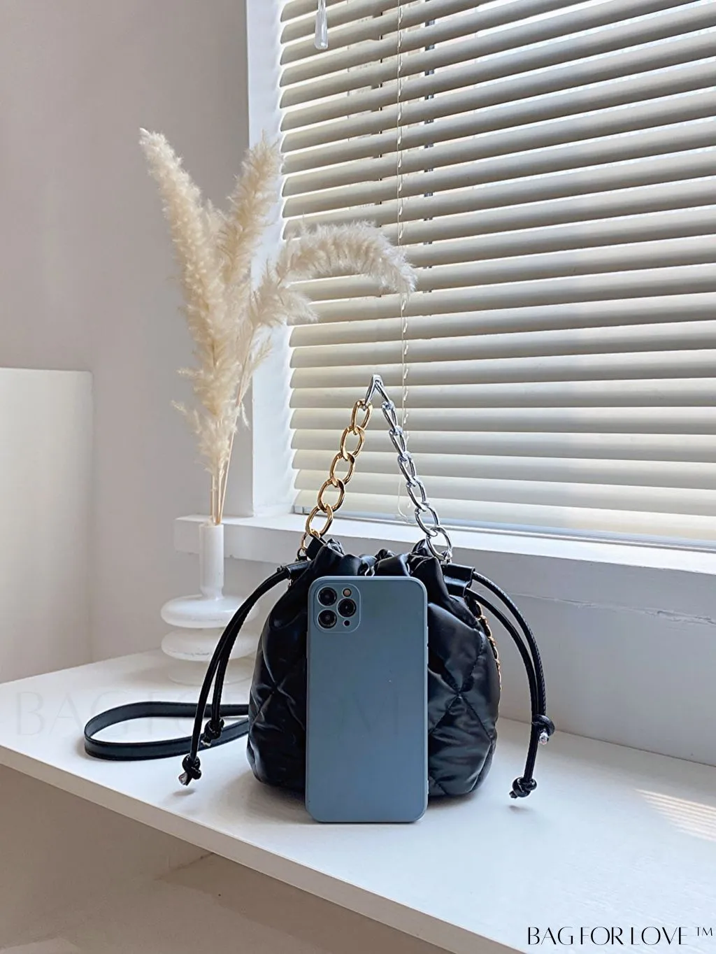 BagForLove - Stylish Patchwork Metallic Shoulder Bag with Letter Patch and Drawstring Design