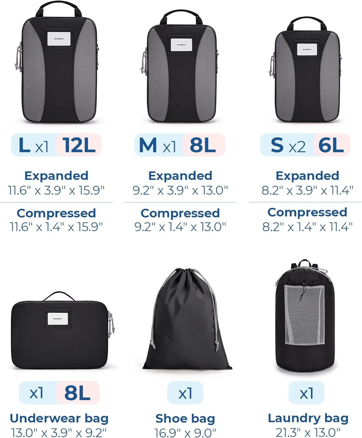 BAGSMART Compression Packing Cubes, 6 PCS Travel Bags Organizer for Luggage, Lightweight Packing Cubes for Travel Essentials