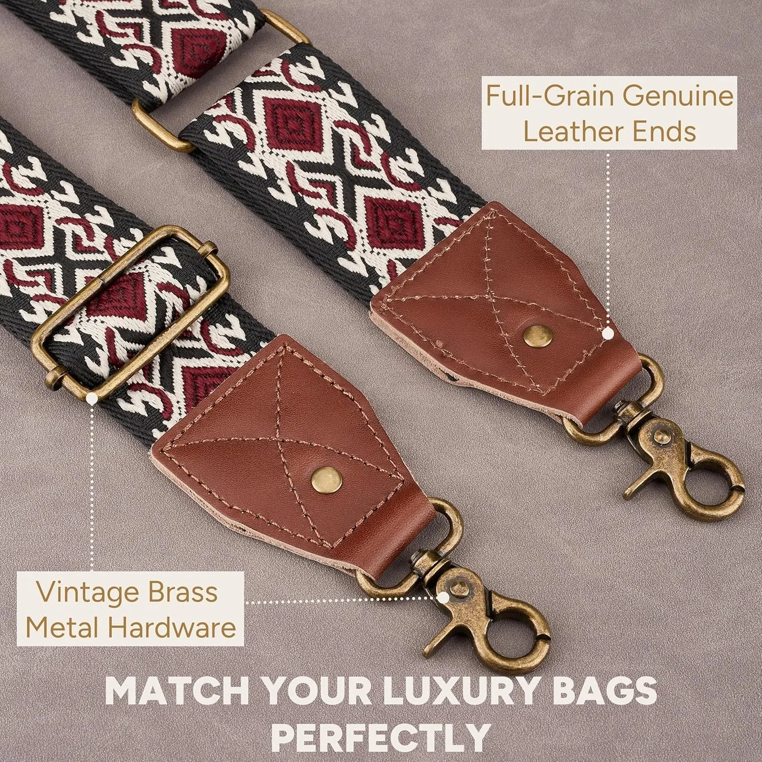 BAKKO Crossbody Strap Full Grain Leather Ends Brass Metal Hardware 2" Wide Replacement Shoulder Strap