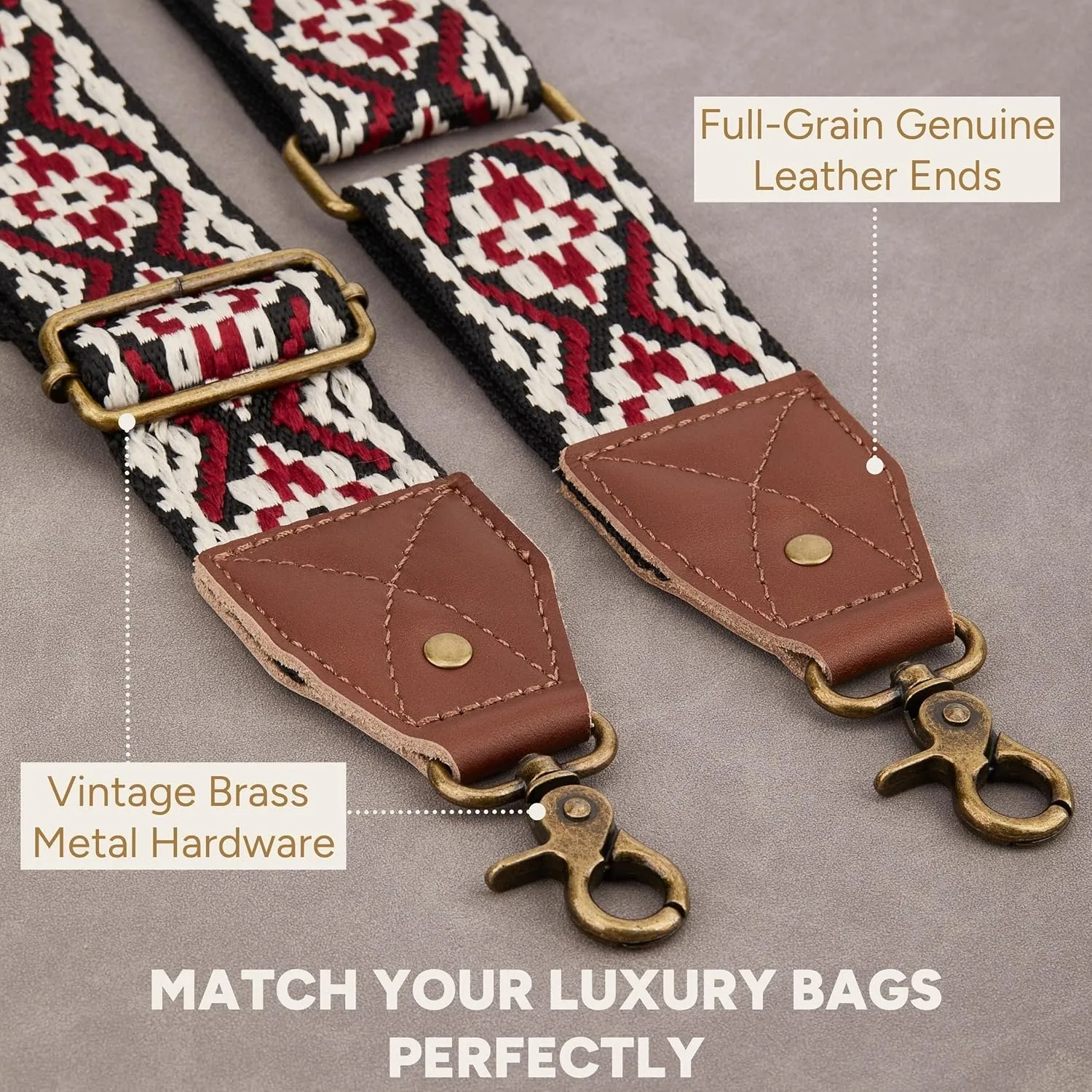 BAKKO Crossbody Strap Full Grain Leather Ends Brass Metal Hardware 2" Wide Replacement Shoulder Strap