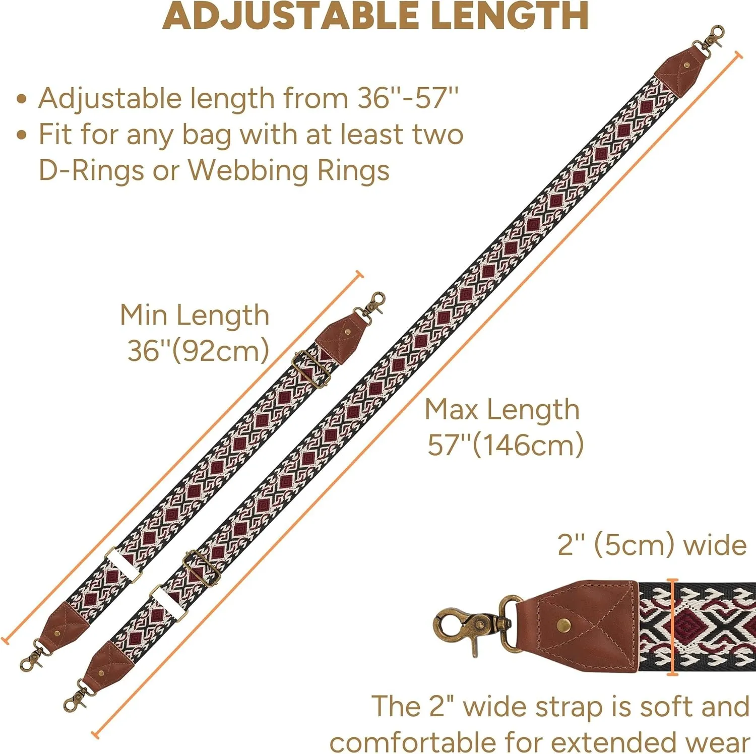 BAKKO Crossbody Strap Full Grain Leather Ends Brass Metal Hardware 2" Wide Replacement Shoulder Strap