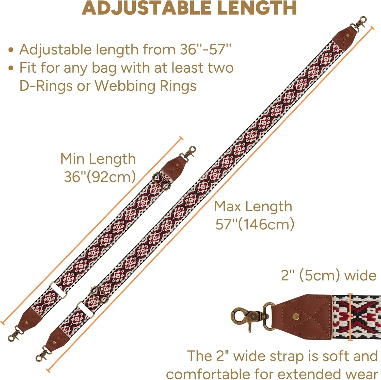 BAKKO Crossbody Strap Full Grain Leather Ends Brass Metal Hardware 2" Wide Replacement Shoulder Strap