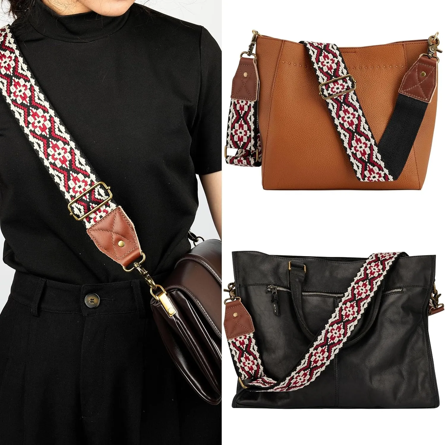 BAKKO Crossbody Strap Full Grain Leather Ends Brass Metal Hardware 2" Wide Replacement Shoulder Strap