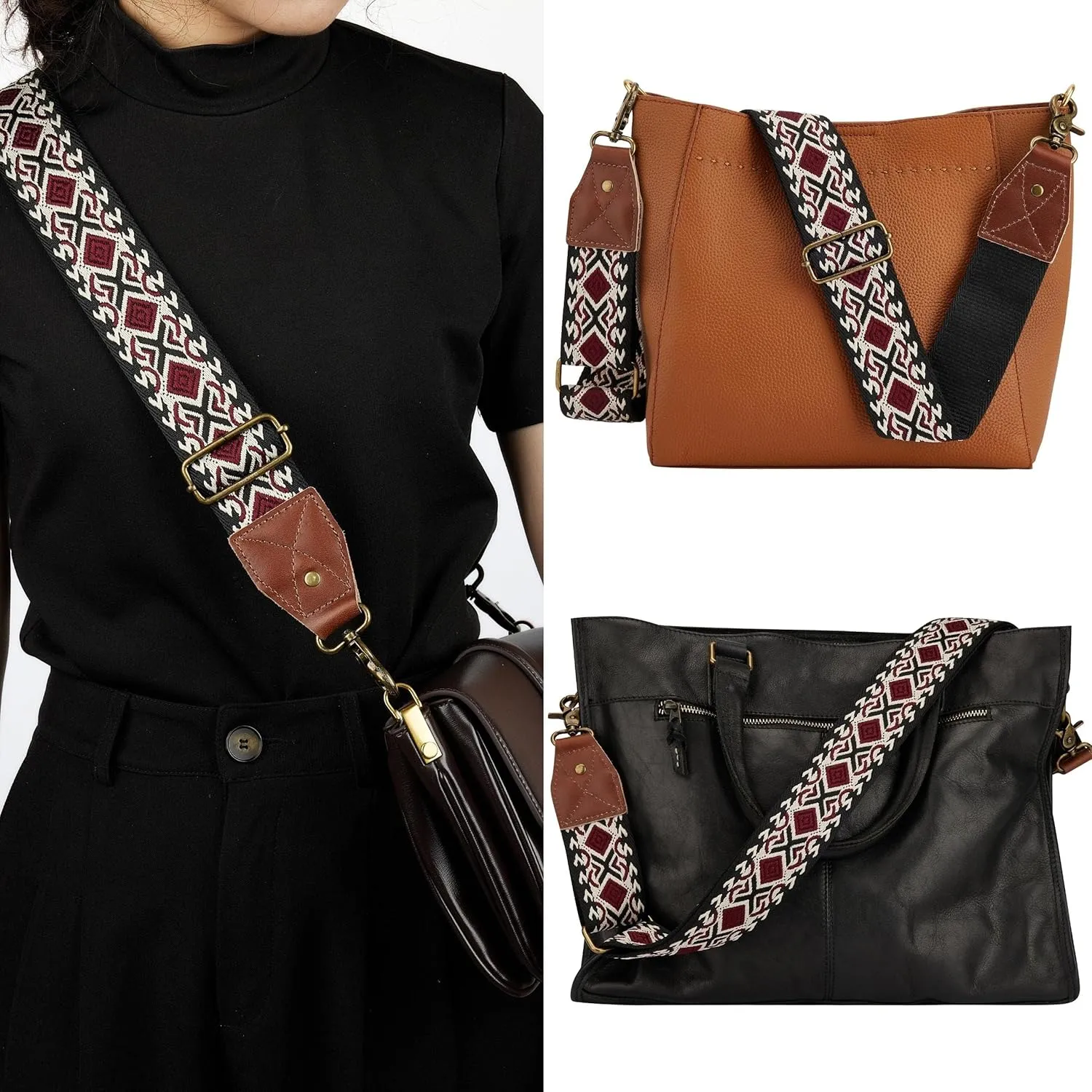 BAKKO Crossbody Strap Full Grain Leather Ends Brass Metal Hardware 2" Wide Replacement Shoulder Strap