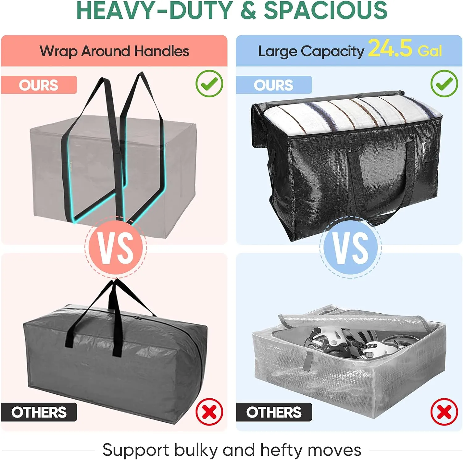 BALEINE 2-Pack Oversized Moving Bags with Reinforced Handles, Heavy-Duty Storage Tote for Clothes, Moving Supplies (Black, 2-Pack)