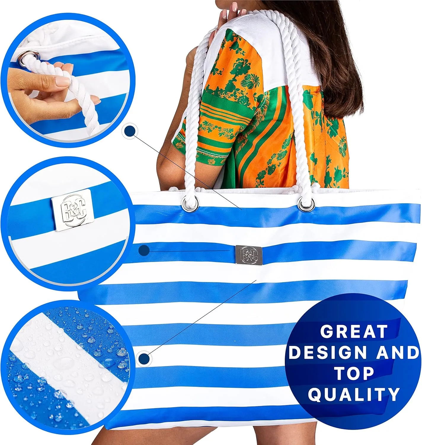 BANG&CARSEN Extra Large Beach Bag With Zipper - XXL Beach Tote Bag For Women With Many Pockets