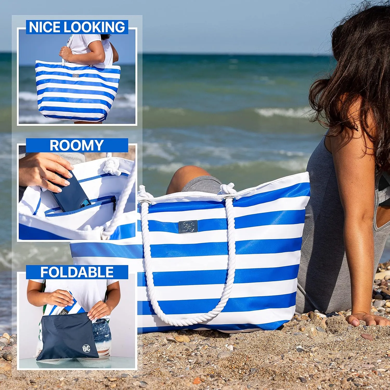 BANG&CARSEN Extra Large Beach Bag With Zipper - XXL Beach Tote Bag For Women With Many Pockets