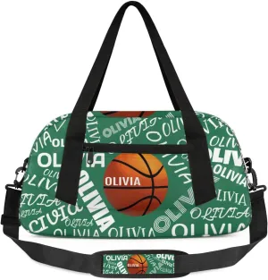 Basketball Custom Sport Gym Bag, Personalized Name Overnight Duffel Bag for Boys Girls Weekender Bags Carry On Training Bag, Dark Green