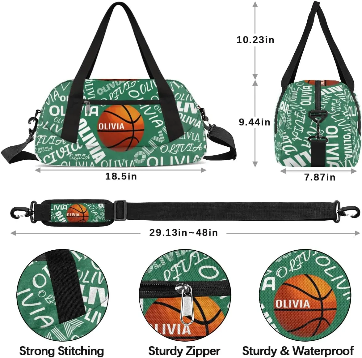 Basketball Custom Sport Gym Bag, Personalized Name Overnight Duffel Bag for Boys Girls Weekender Bags Carry On Training Bag, Dark Green