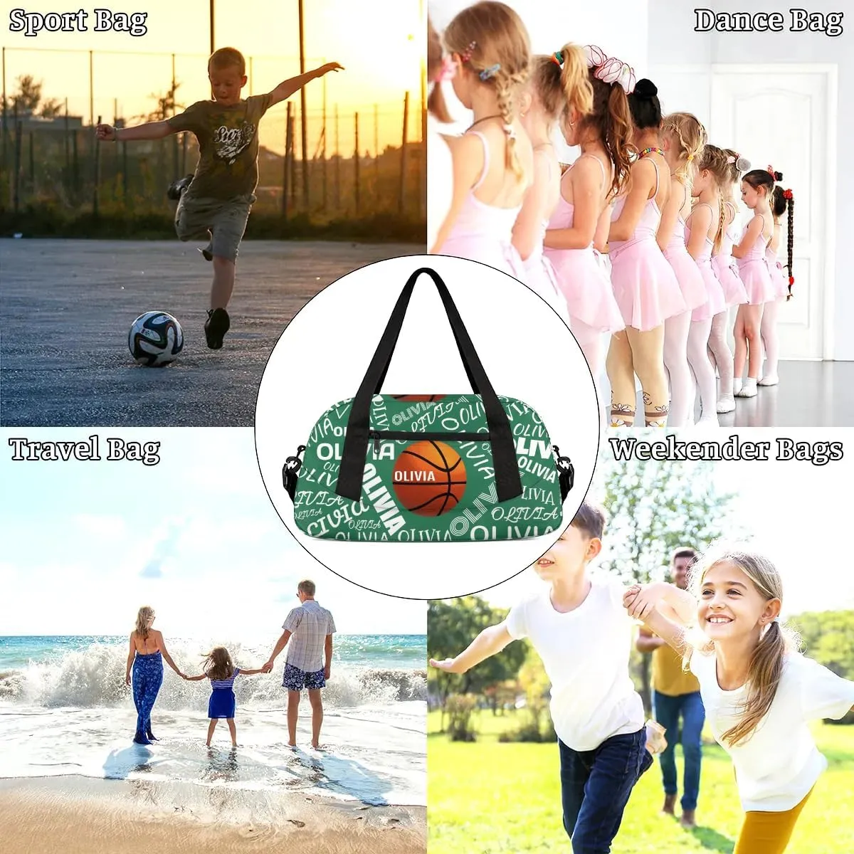 Basketball Custom Sport Gym Bag, Personalized Name Overnight Duffel Bag for Boys Girls Weekender Bags Carry On Training Bag, Dark Green