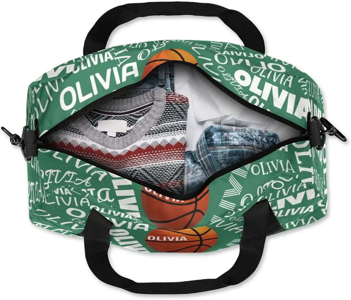 Basketball Custom Sport Gym Bag, Personalized Name Overnight Duffel Bag for Boys Girls Weekender Bags Carry On Training Bag, Dark Green