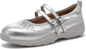 BEAU TODAY Mary Jane Shoes Women, Ballet Flats Shoes for Women, Buckle Strap Genuine Leather Flats, Comfortable Square Toe Dressy Mary Jane Flats Trendy