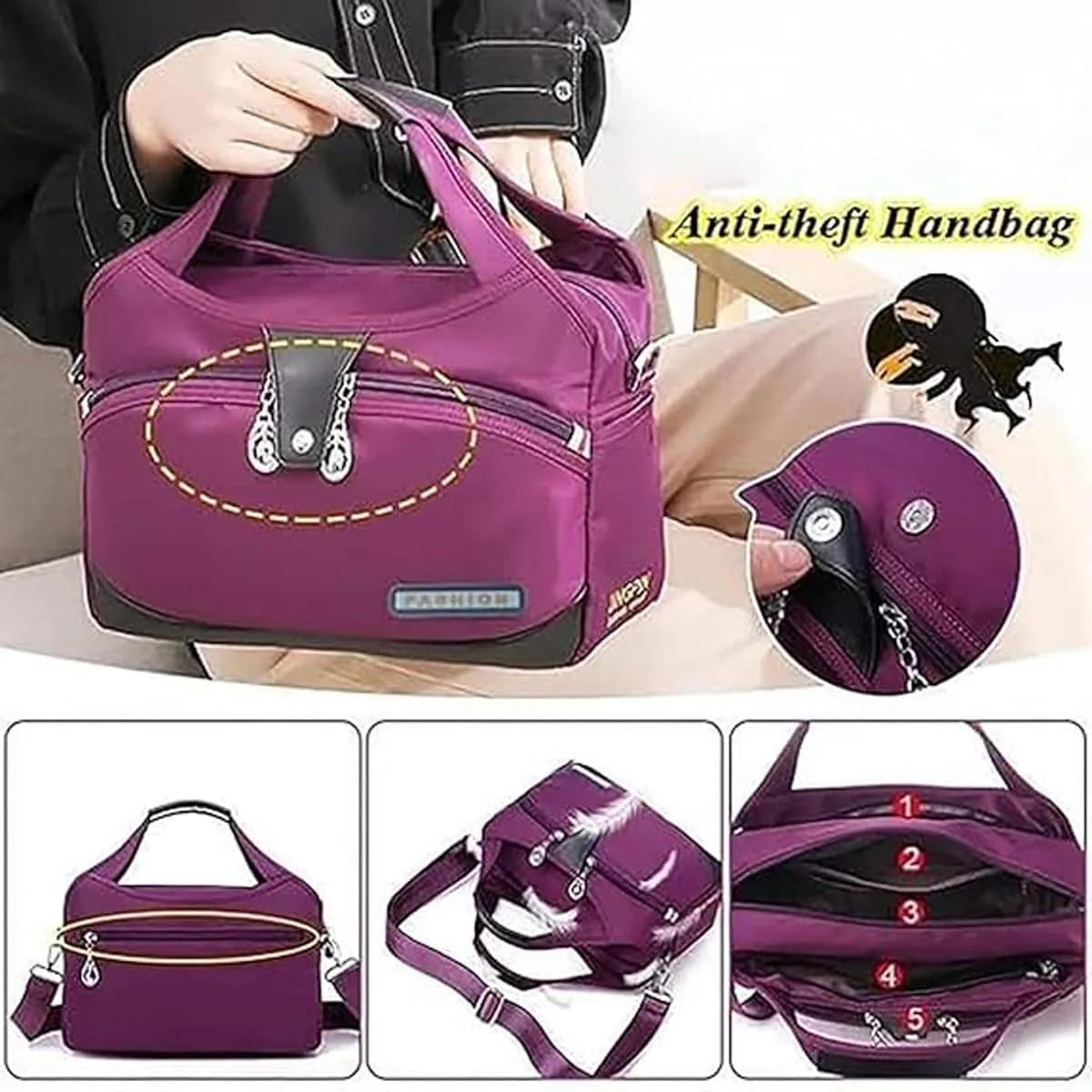 Beautifuldeer Anti Theft Handbag, Fashion Lightweight Messenger Bag, Waterproof Oxford Cloth Satchel, Zipper Multi-Layer