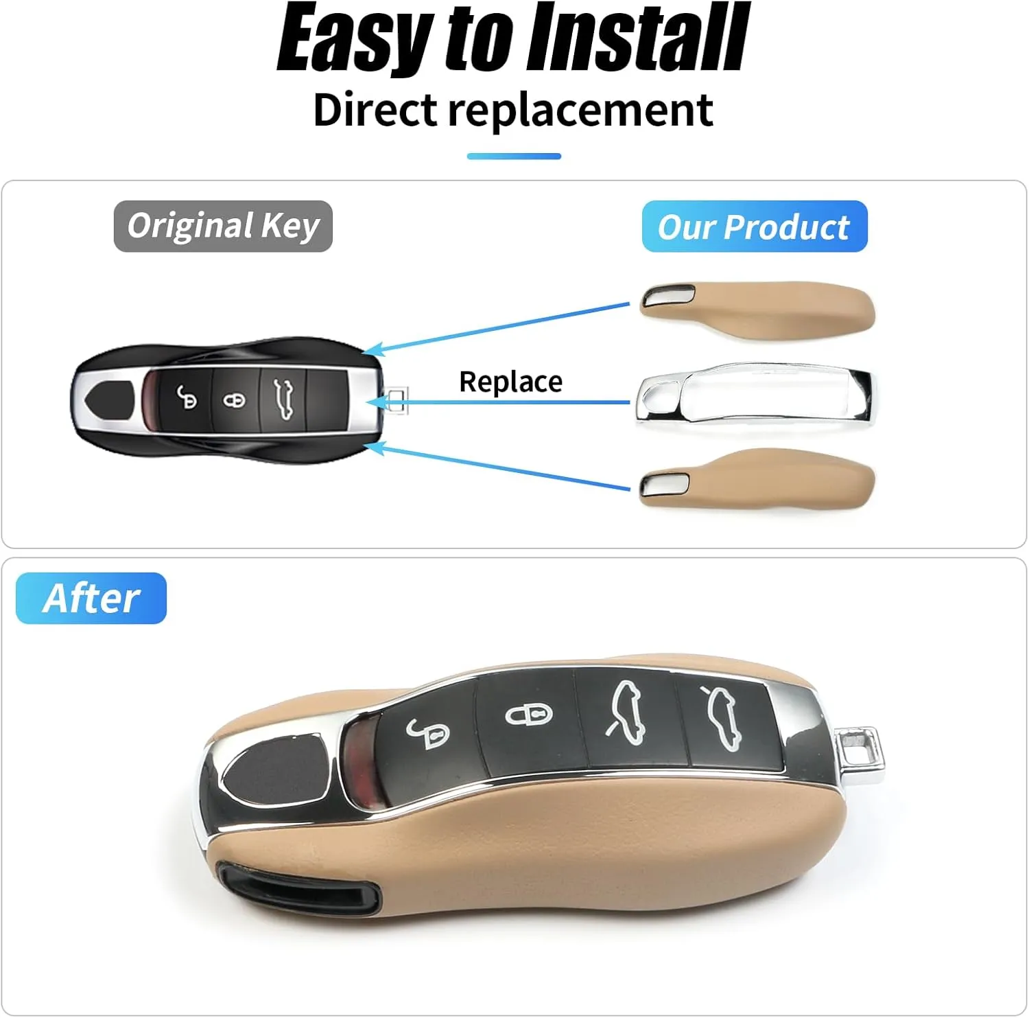 Beige Yellow Key Fob Cover Leather Compatible with Porsche Key Shell Key Fob Shell Replacement Compatible with Porsche Cayenne Panamera 911 718 Macan Boxster Cayman Accessories