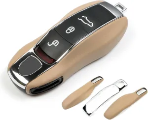 Beige Yellow Key Fob Cover Leather Compatible with Porsche Key Shell Key Fob Shell Replacement Compatible with Porsche Cayenne Panamera 911 718 Macan Boxster Cayman Accessories
