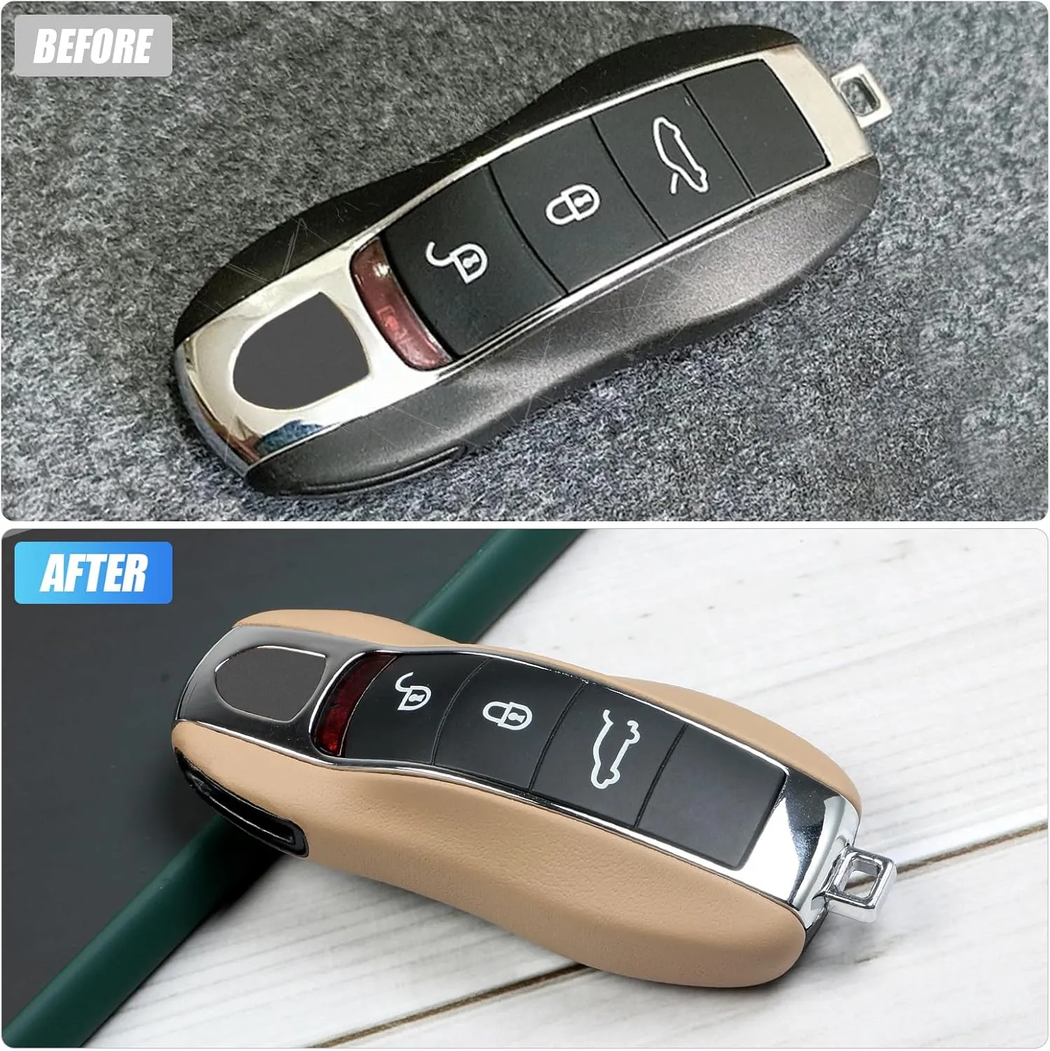 Beige Yellow Key Fob Cover Leather Compatible with Porsche Key Shell Key Fob Shell Replacement Compatible with Porsche Cayenne Panamera 911 718 Macan Boxster Cayman Accessories