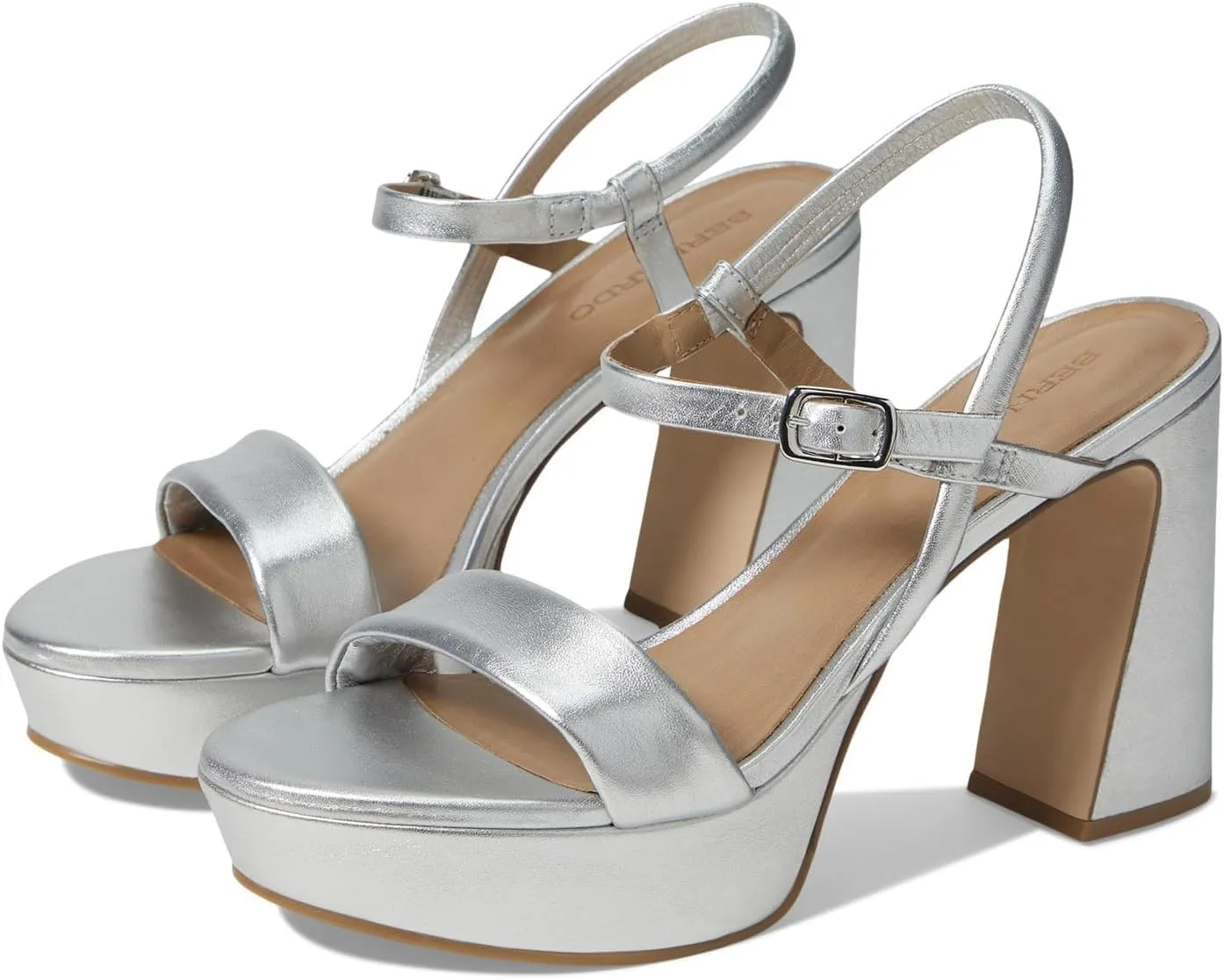 Bernardo® Ventura Heeled Sandals for Women – Leather Construction – Rubber Outsole – Ankle Buckle Closure Silver 7 M