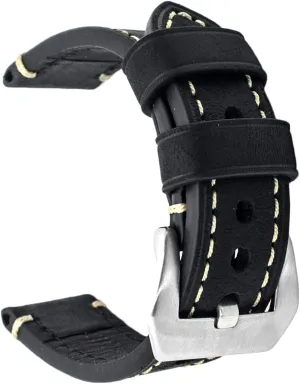 Black 24mm Genuine Leather Wristwatch Watch Band Oil Tan Vintage Watchband for Men with Stainless Buckle