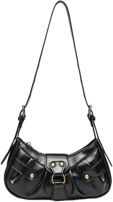 Black Shoulder Bag Y2k Purse Trendy Crescent Bags for Women Rivet Punk Hobo Purse Underarm Crossbody Purses (Black)