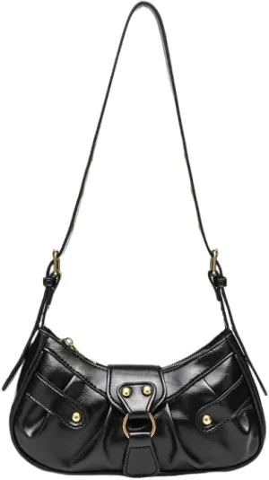 Black Shoulder Bag Y2k Purse Trendy Crescent Bags for Women Rivet Punk Hobo Purse Underarm Crossbody Purses (Black)