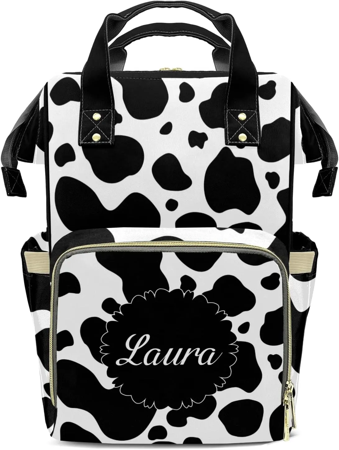 Black White Cow Print Diaper Bags Custom Name Backpack Personalized Baby Nappy Travel Tote Bag for Mom Gift
