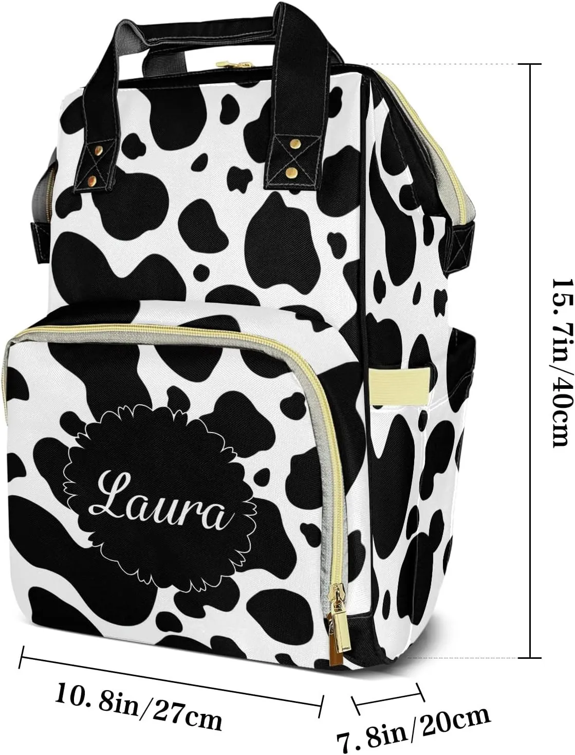Black White Cow Print Diaper Bags Custom Name Backpack Personalized Baby Nappy Travel Tote Bag for Mom Gift