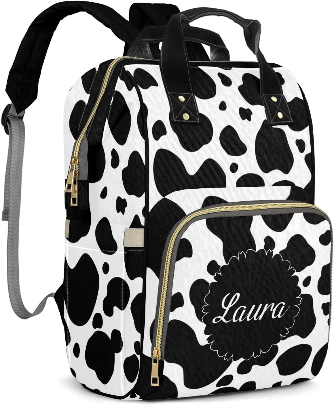 Black White Cow Print Diaper Bags Custom Name Backpack Personalized Baby Nappy Travel Tote Bag for Mom Gift