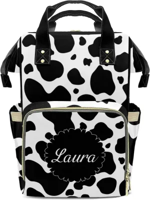 Black White Cow Print Diaper Bags Custom Name Backpack Personalized Baby Nappy Travel Tote Bag for Mom Gift